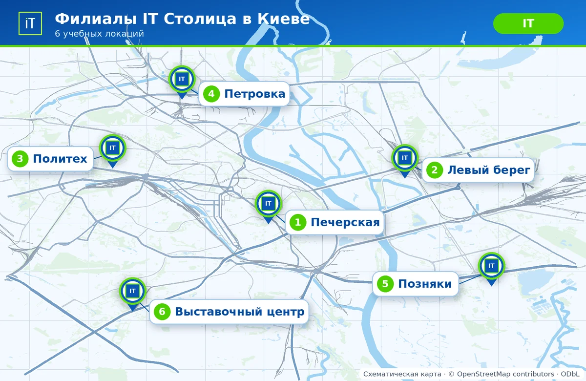 Карта Киева с филиалами IT Столица: Печерская, Левый берег, Политех, Петровка, Позняки и Выставочный центр